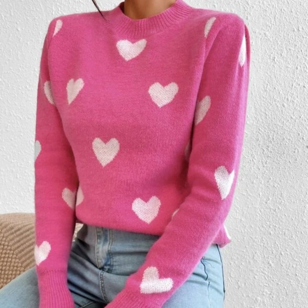Heart Print Long sleeve Knit Sweater Top pink - Picture 3 of 6